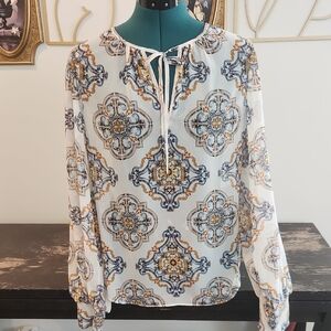 White House Black Market Blue and Gold Patterned Blouse